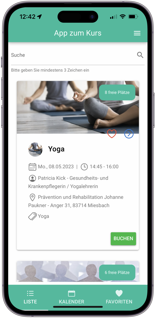 App zum Kurs . Buchungsapp
